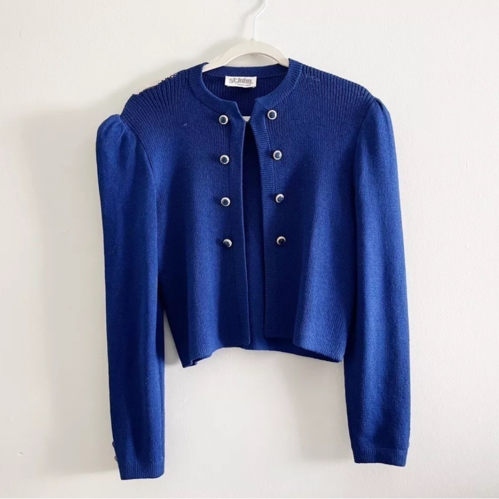 St. John jeweled button Royal Blue Cardigan coquette luxury classic preppy work